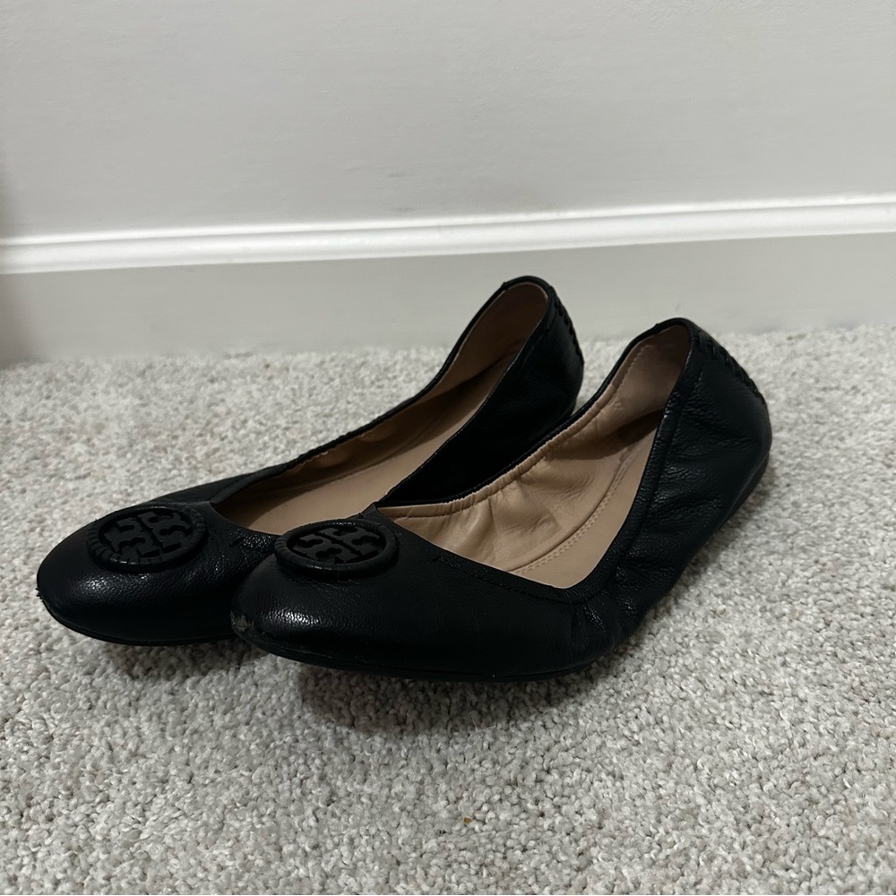 Tory Burch Allie Elasticized Slip On Ballets Flats Leather Black Size 8.5